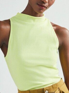Maeve Anthropologie Neon Yellow / Green Ribbed Mock Neck Sleeveless Tank Top S